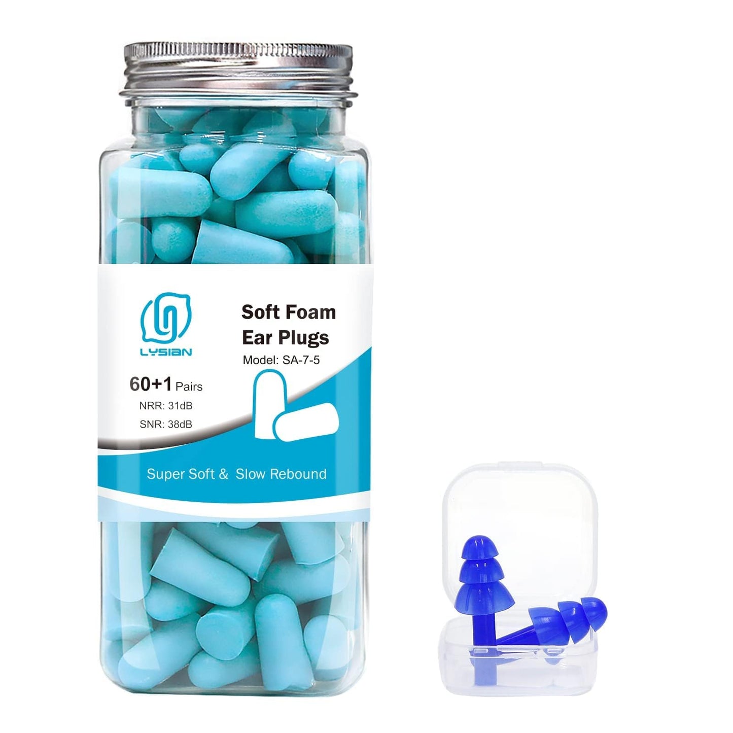 LYSIAN Ultra Soft Foam Earplugs Sleep, Noise Cancelling Ear Plugs for Sleeping, Shooting,Travel and Work-38dB SNR 31dB NRR Sound Blocking-60 Pairs Pack (Lake Blue)