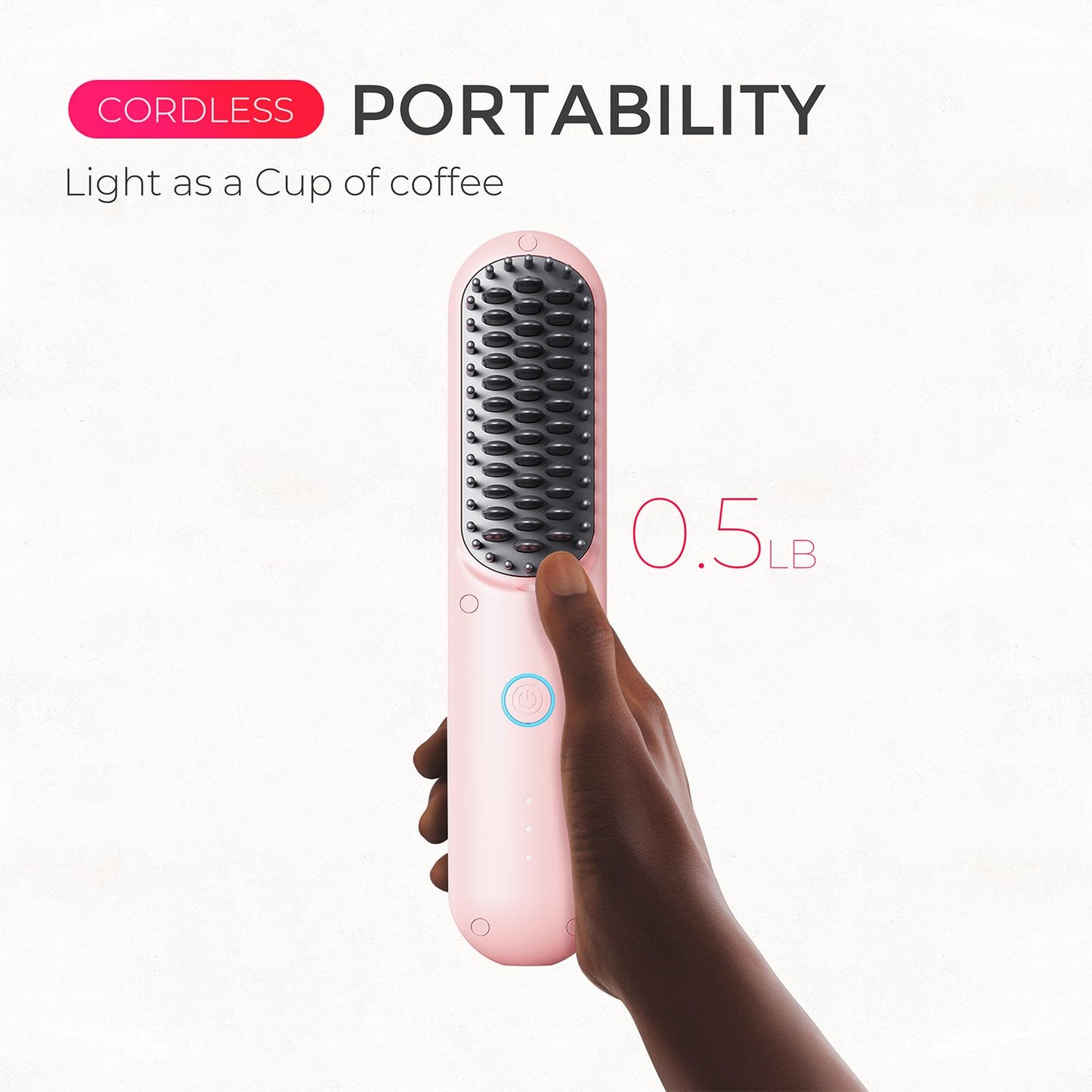 TYMO Cordless Hair Straightener Brush - Porta ECO Portable Straightening Brush for Travel, Mini Hot Ionic Straightener Comb for Women, Ceramic Coating, Lightweight for Touch-ups, No Charger, Pink