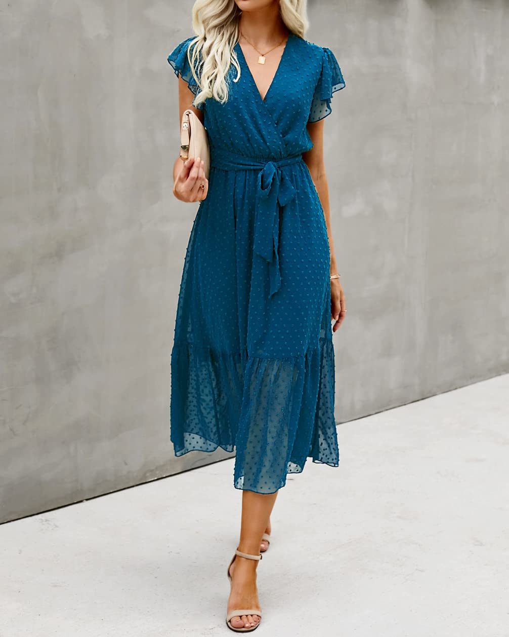 BTFBM Women Summer Bohemian Floral Casual Wrap V Neck Ruffle Cap Sleeveless Belt A-Line Pleated Hem Swing Midi Sun Dress (Swiss Dot Lake Blue, l)