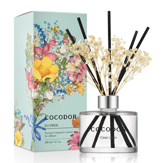 COCODOR Flower Reed Diffuser Set / 6.7oz / Clean Linen/Scent Diffuser with Sticks Home Fragrance Reed Diffuser for Bathroom Shelf Decor