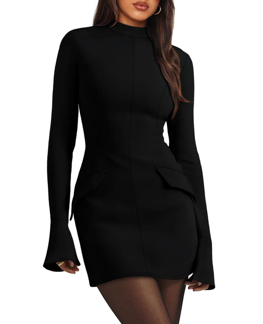 OFEEFAN Mock Neck Fall Dresses for Women 2025 Long Sleeve Black Fitted Dress M