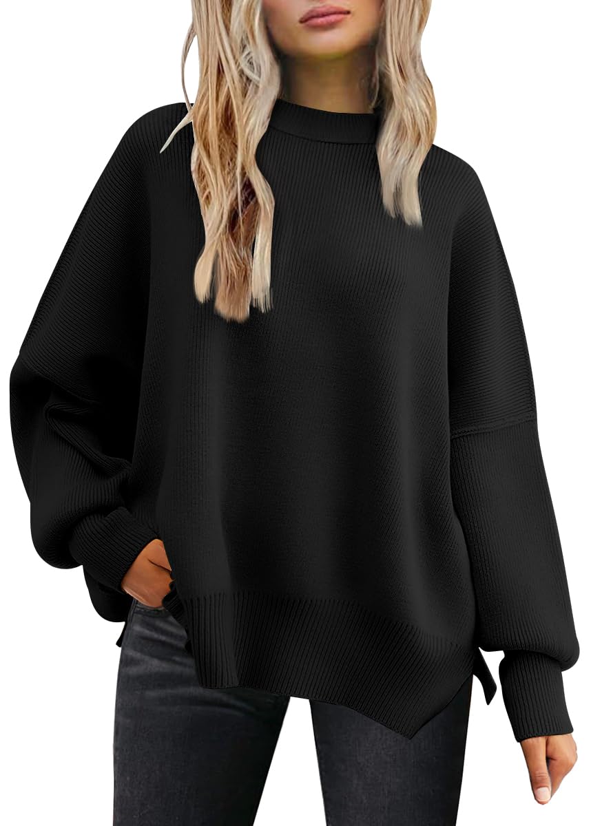 LILLUSORY Women's Oversized Batwing Sweaters 2024 Fall Outfits Crewneck Ribbed Knit Side Slit Trendy Pullover Tops Black S