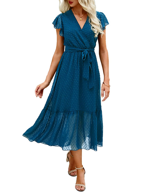 BTFBM Women Summer Bohemian Floral Casual Wrap V Neck Ruffle Cap Sleeveless Belt A-Line Pleated Hem Swing Midi Sun Dress (Swiss Dot Lake Blue, l)