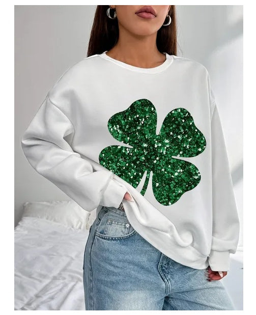 Women Basic Casual Pullover Spring Autumn Long Sleeve Lucky Clover Printed Round Neck