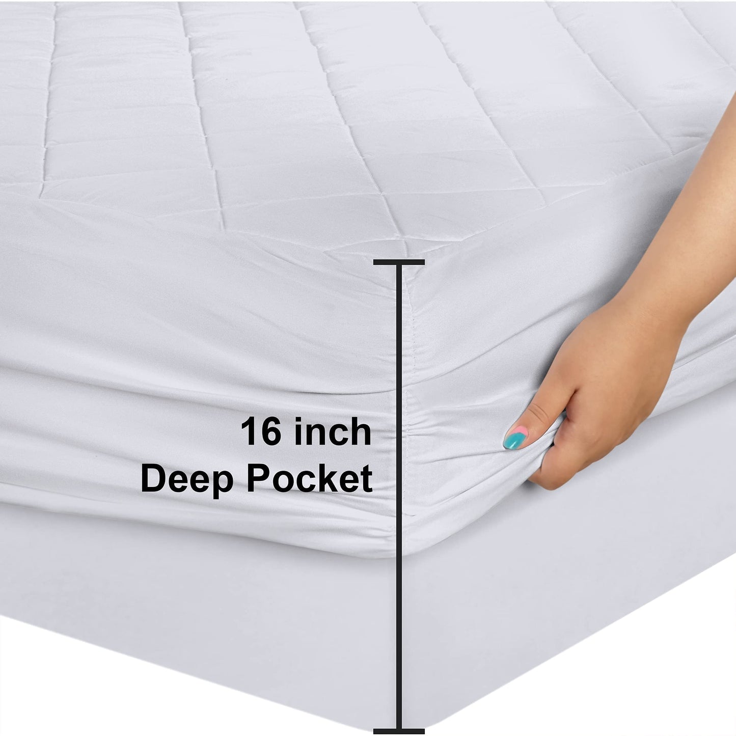 Utopia Bedding Quilted Fitted Mattress Pad, Queen Size, Elastic Fitted Mattress Topper Protector and Cover Stretches up to 16 Inches Deep, Machine Washable (White)