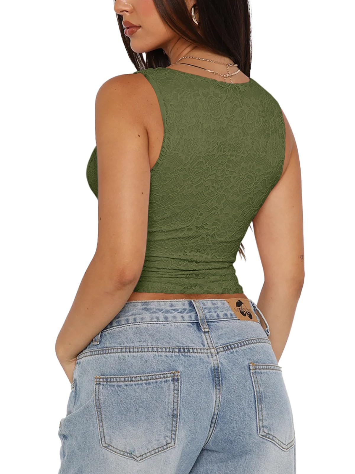 REORIA Womens Summer Tops Sexy V-Neck Sleeveless Double Lined Fashion Going Out Y2K Tank Tops Trendy Lace Slimming Crop Tops for Teen Girls Dark Green Small