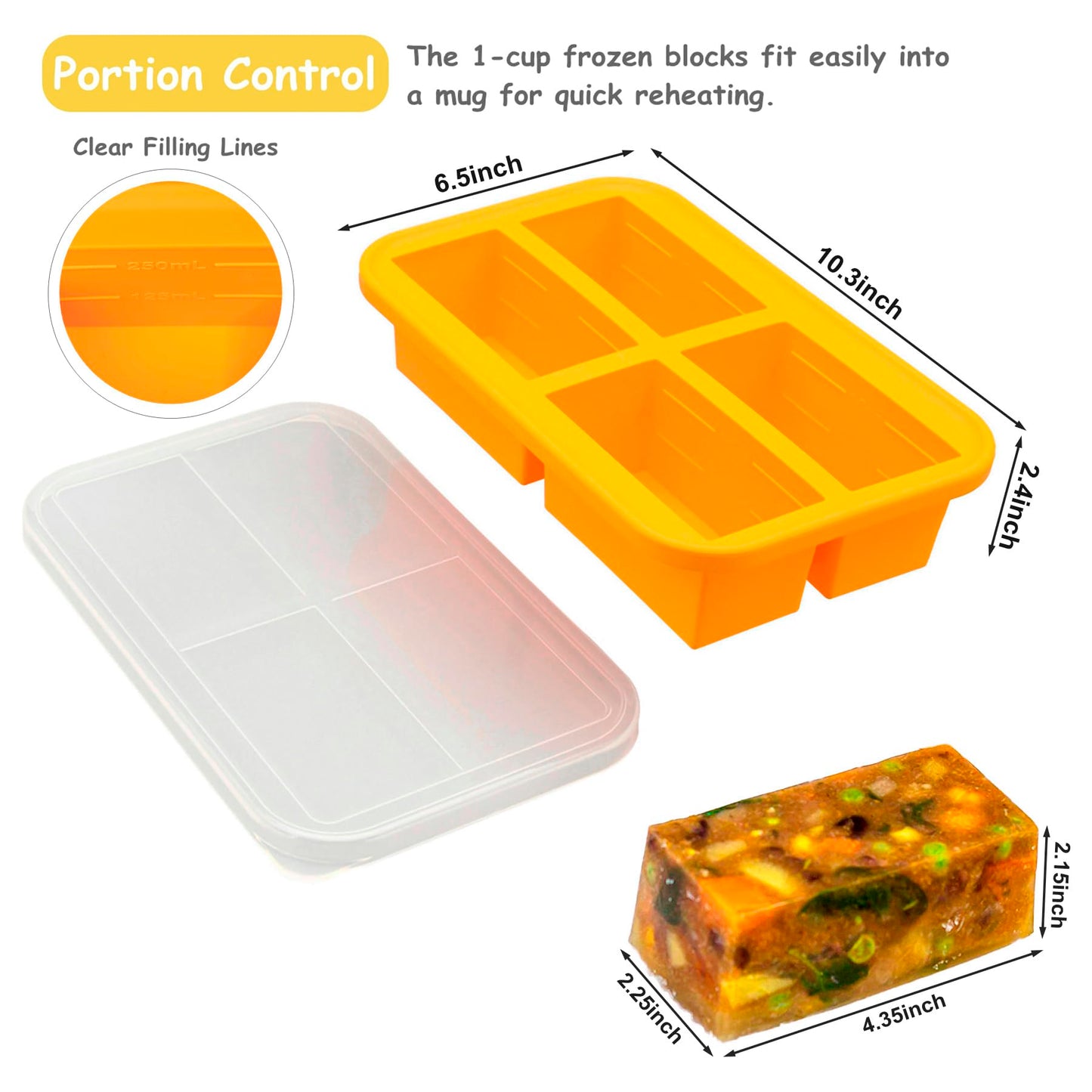 Bangp 1-Cup Silicone Freezing Tray with Lid,Soup Freezer Molds,Silicone Meal Prep Containers,Silicone Molds for Soup and Food Storage - Makes 4 Perfect 1 Cup Portions