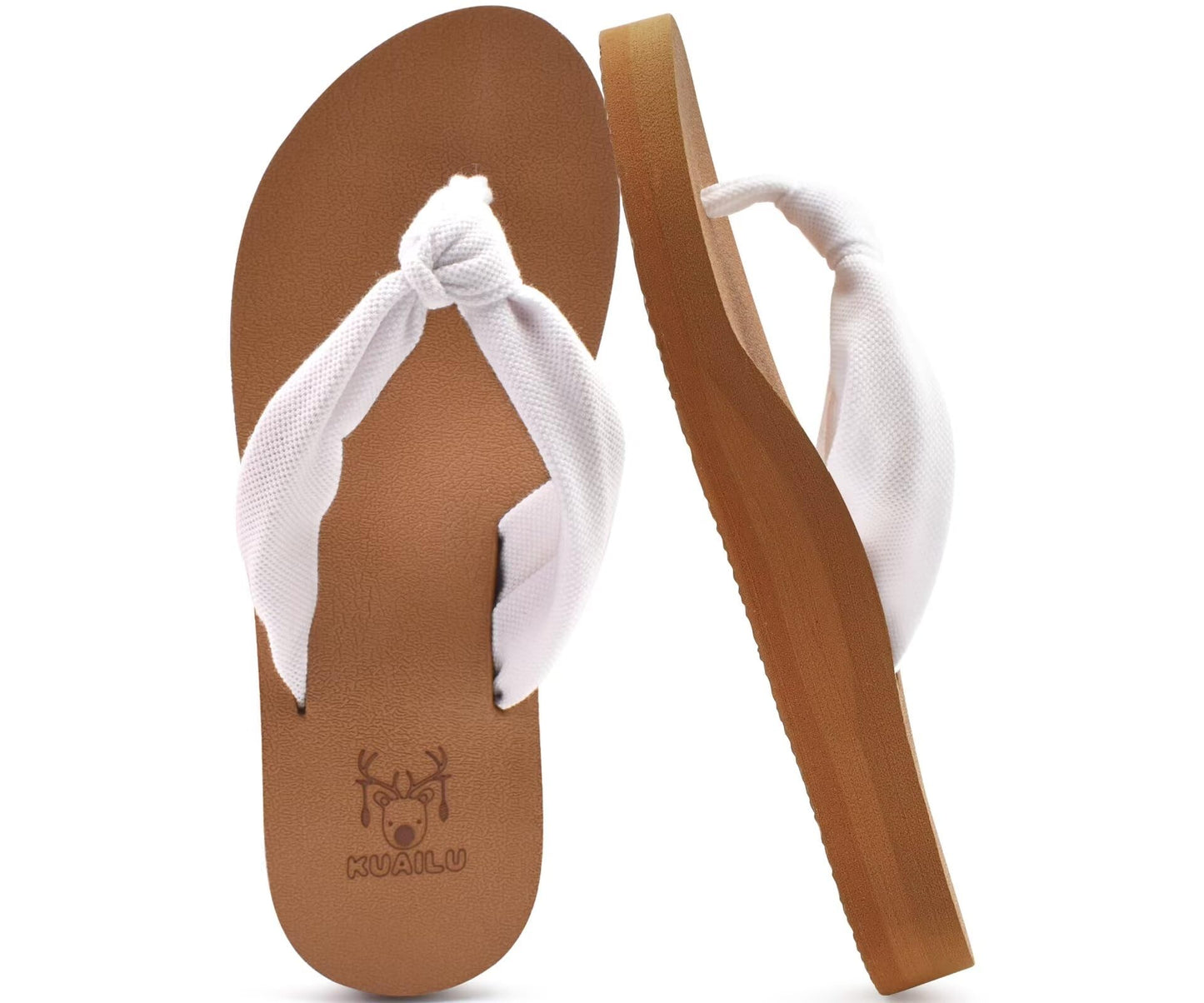 KuaiLu Flip Flops Women Arch Support Yoga Mat Comfortable Summer Beach Walking Thong Cushion Sandals Slip on Outfits Travel Essentials Orthotic Slides Indoor Outdoor Slippers Shoes White Khaki Size 9