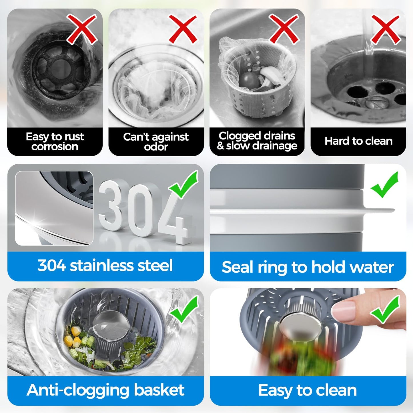 Upgraded 3in1 Kitchen Sink Drain Strainer & Sink Stopper, Stainless Steel Kitchen Drain Plug & Cover with Anti-Clogging Basket Strainer, Fit US Standard 3-1/2'' Sink Drain Hole, Silver