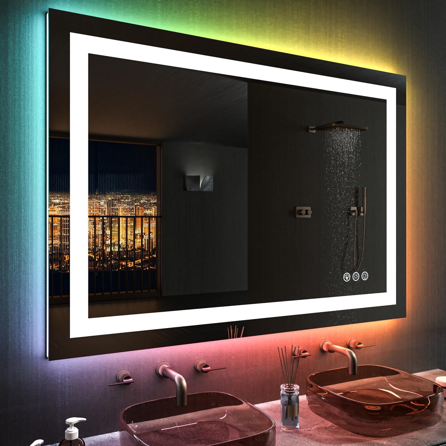 LOAAO 48"X36" LED Bathroom Mirror with Lights, Anti-Fog, Dimmable, RGB Backlit + Front Lighted, Bathroom Vanity Mirror for Wall, Memory Function