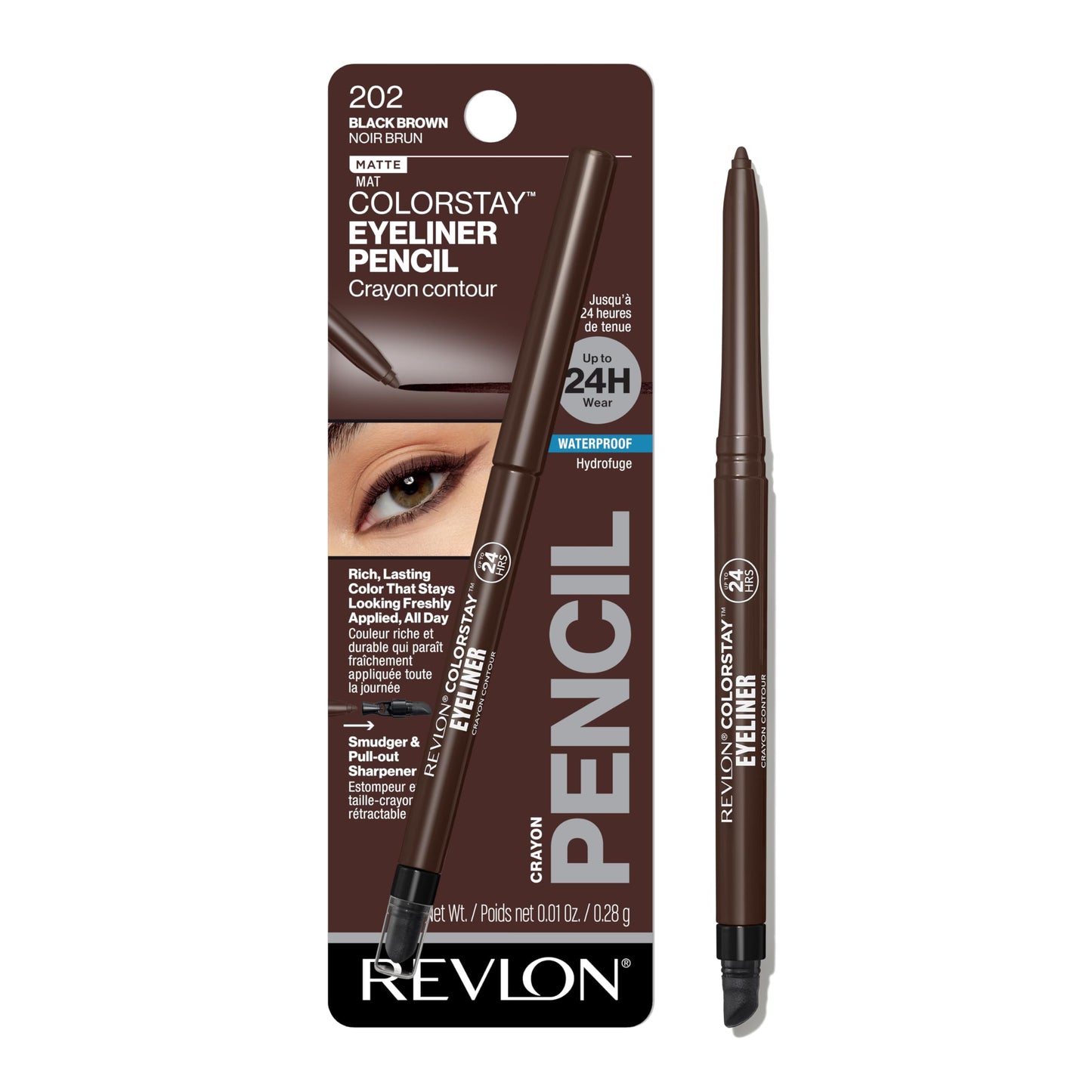 Revlon ColorStay Pencil Eyeliner with Built-in Sharpener, Waterproof, Smudgeproof, Longwearing Eye Makeup with Ultra-Fine Tip, Black Brown, 0.01 oz