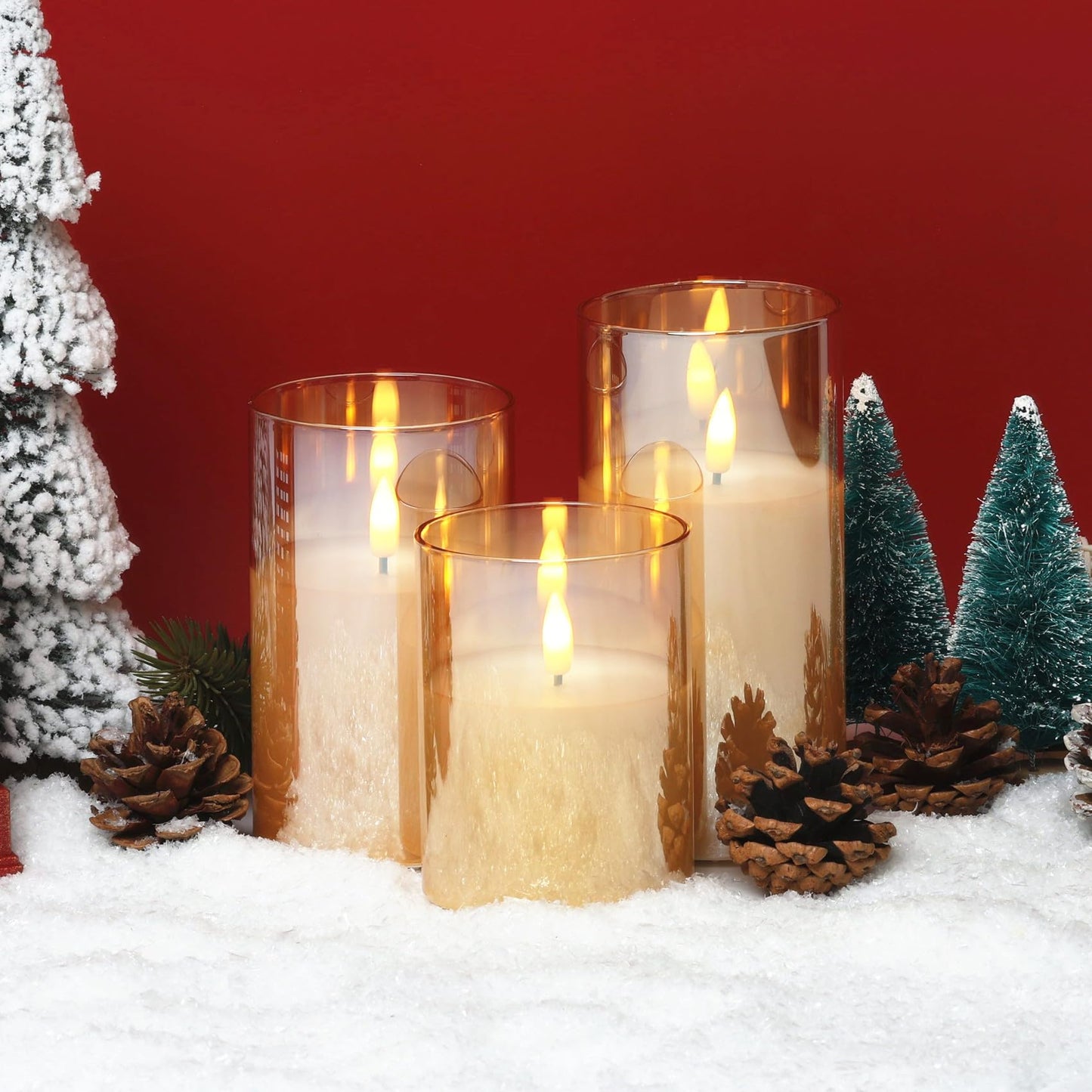 Eywamage Gold Glass Flameless Pillar Candles with Remote, Flickering Battery Operated Christmas LED Candles Set of 3