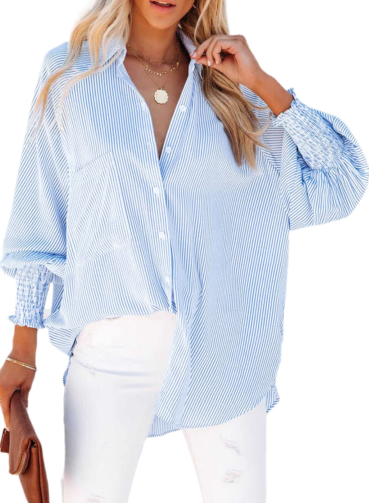 Womens Smocked Cuffed Striped Boyfriend Shirt Casual Collar Long Sleeve Oversized Button Down Blouse Tops with Pocket Shirred Blue