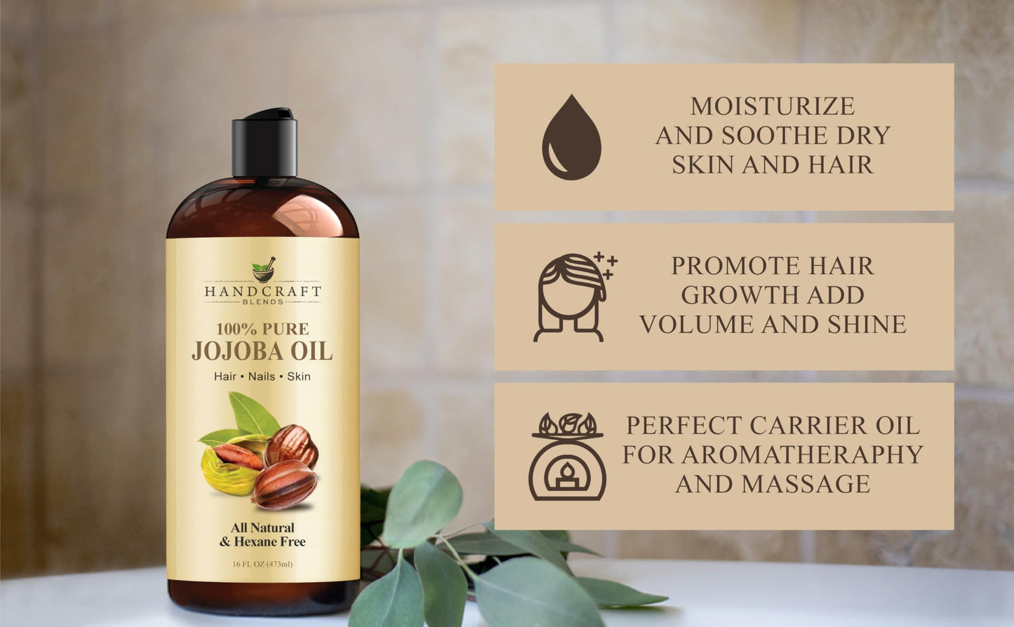 Handcraft Blends Jojoba Oil - Cold-Pressed 16 Fl Oz - 100% Pure and Natural - Premium Grade Carrier Oil for Skin and Hair - Hair and Body - Massage - Hexane-Free - Hair Relaxer for Tight Curls