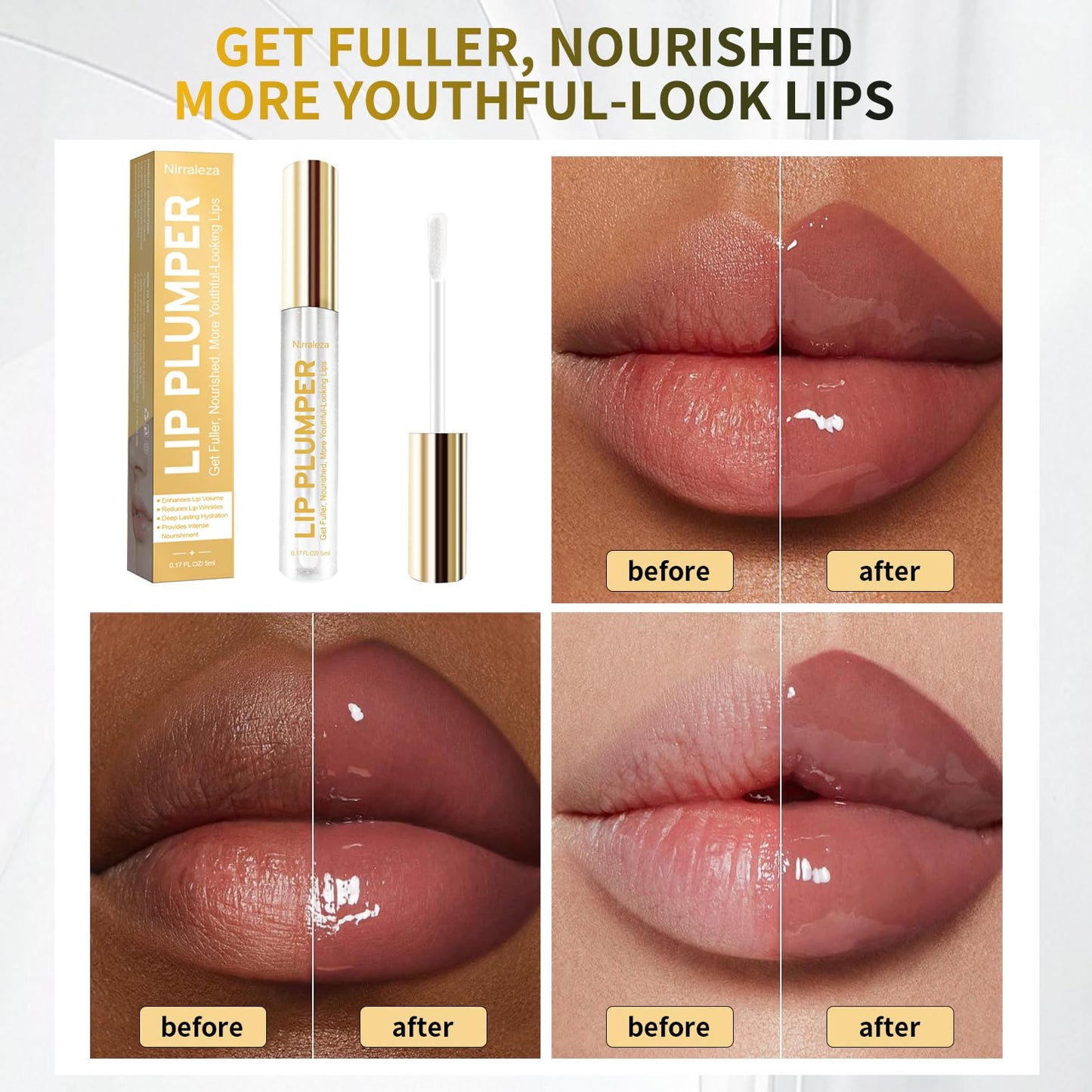 Nirraleza Lip Plumper Gloss, Clear Plumping Lip Gloss for Visibly Hydrated, Volumized Lips with Nourishing Ingredients to Smooth Lip Wrinkles.