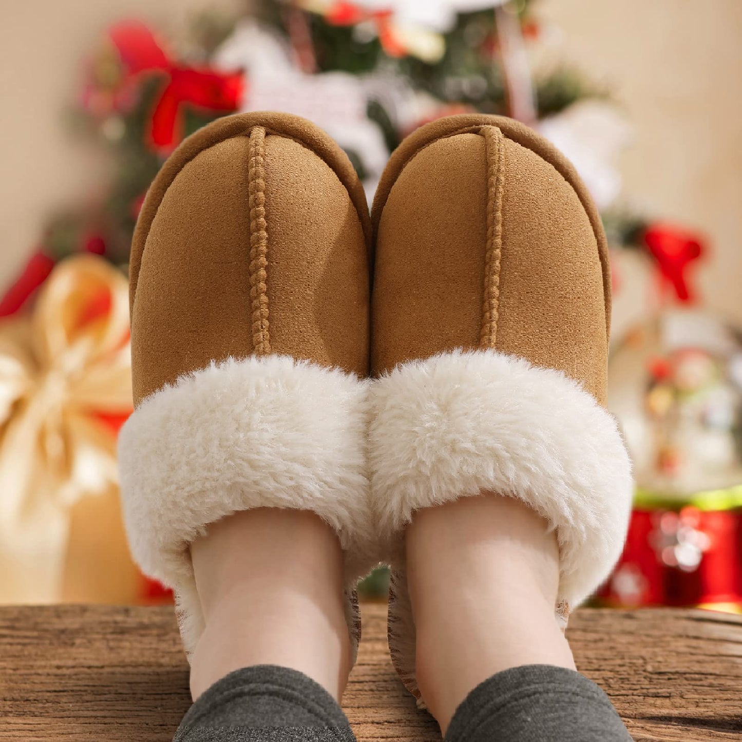 Litfun Women's Fuzzy Memory Foam Slippers Fluffy Winter House Shoes Indoor and Outdoor, Chestnut 9-10