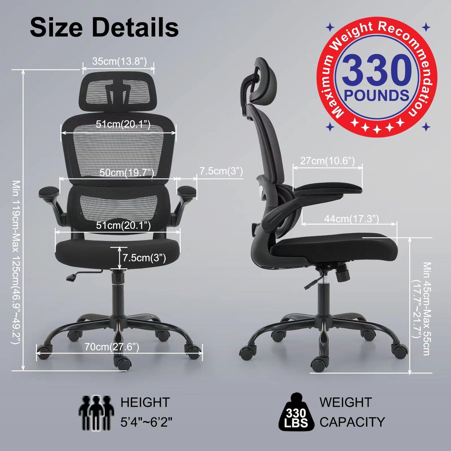 TRALT Office Chair Ergonomic Desk Chair, 330 LBS Home Mesh Office Desk Chairs with Wheels, Comfortable Gaming Chair, High Back Office Chair for Long Hours (Black)