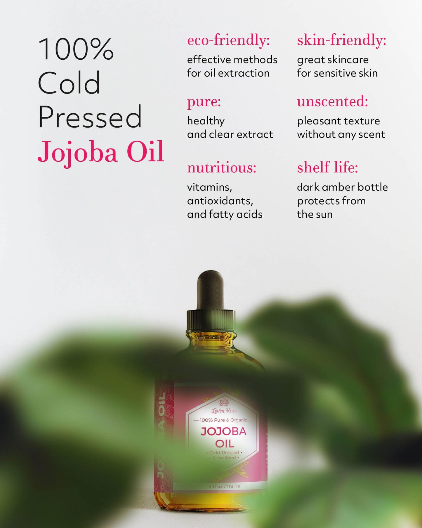 Leven Rose Jojoba Oil Organic, Pure Cold Pressed Natural Unrefined Moisturizer for Skin Hair and Nails 4 oz