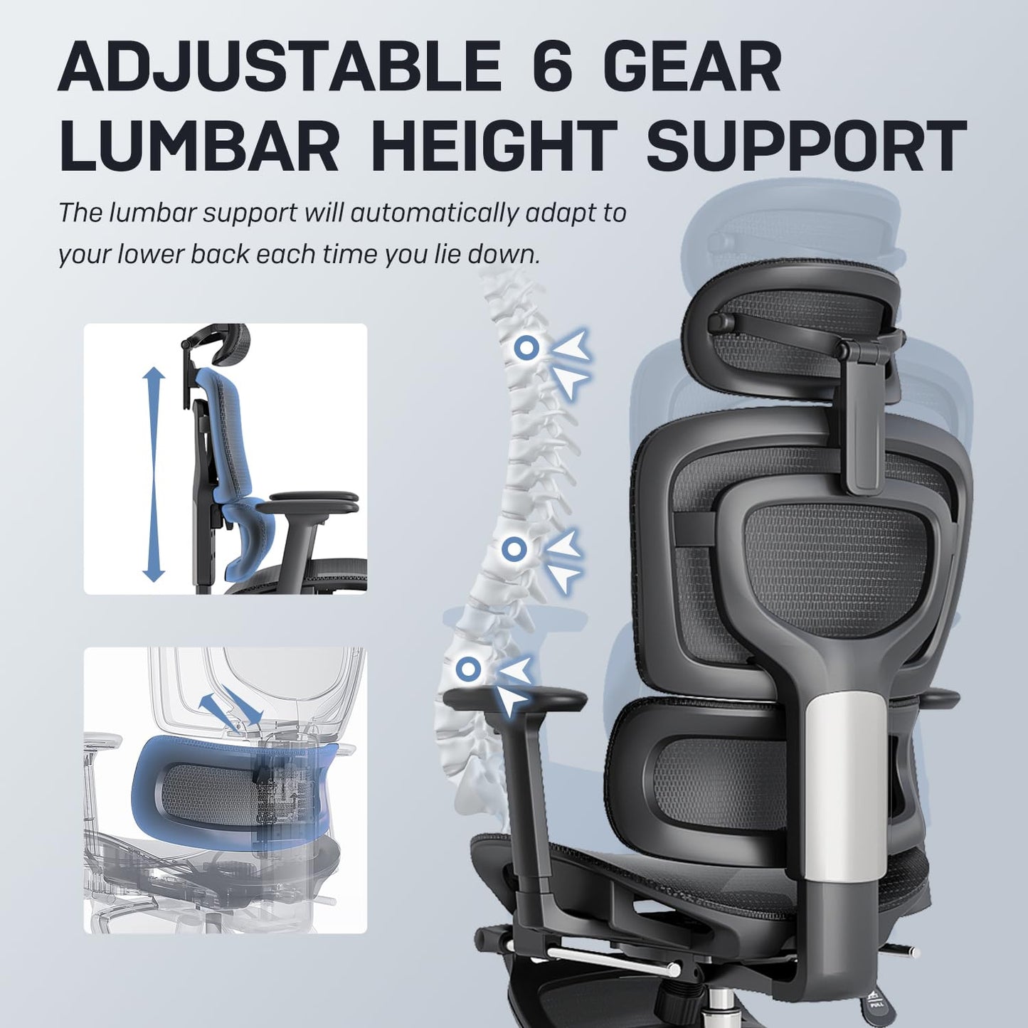 Ergonomic Office Chair, Breathable Mesh with Adaptive Lumbar Support, 3D Headrest, Armrests, Retractable Footrest, and a Six-Position Adjustable Backrest, Black