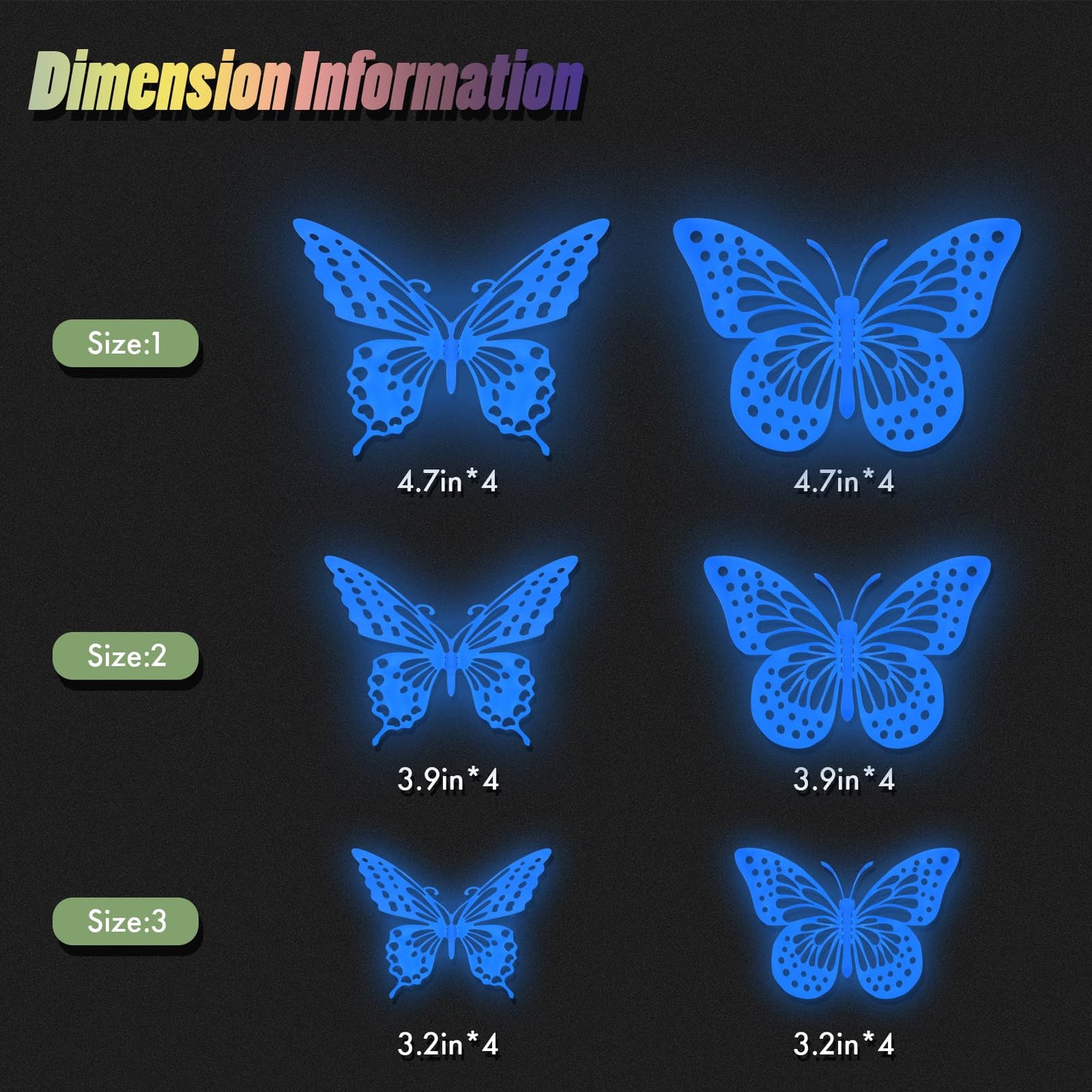 SAOROPEB Glow in The Dark 3D Butterfly 24 Pcs 3 Sizes, Luminous Butterfly Stickers for Ceiling or Wall, Glow in The Dark Party Supplies, Removable Luminous Stickers for Kids Babys Nursery (Blue)