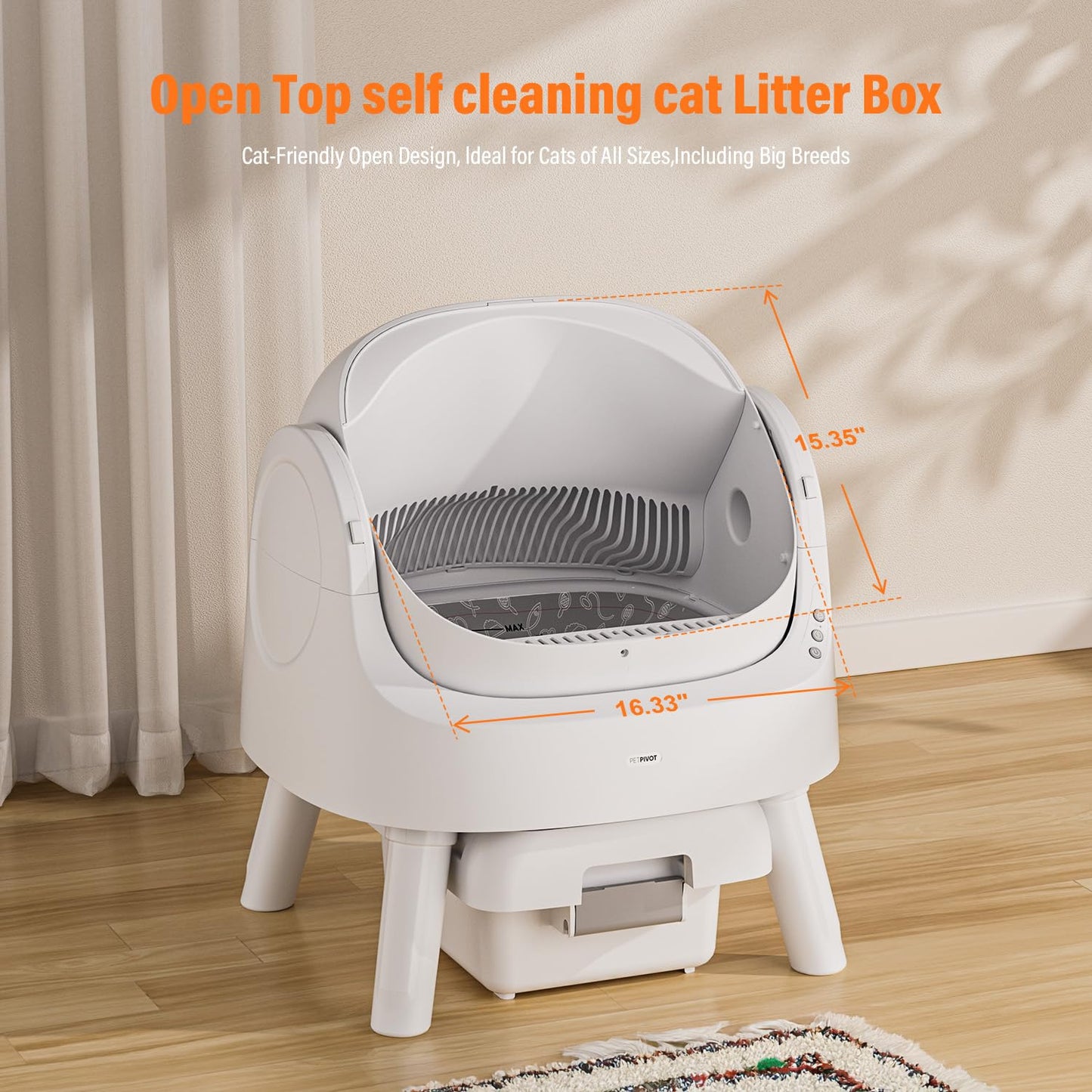 PetPivot Autoscooper 11 Open-Top Self Cleaning Cat Litter Box, Automatic Cat Litter Box for Multiple Cats with Trash Bags and Litter Mat Included, White