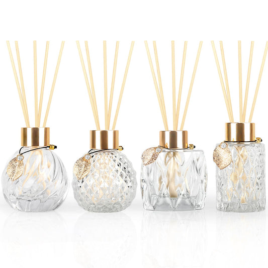 Trifolic 4Pcs Reed Diffuser Set with Metal Golden Decoration, 3.5-4.2oz Empty Reed Diffuser Bottles with 20Pcs Reed Diffuser Sticks, Unique Design Bottles for Home and Office(4 Pcs Different Bottles)