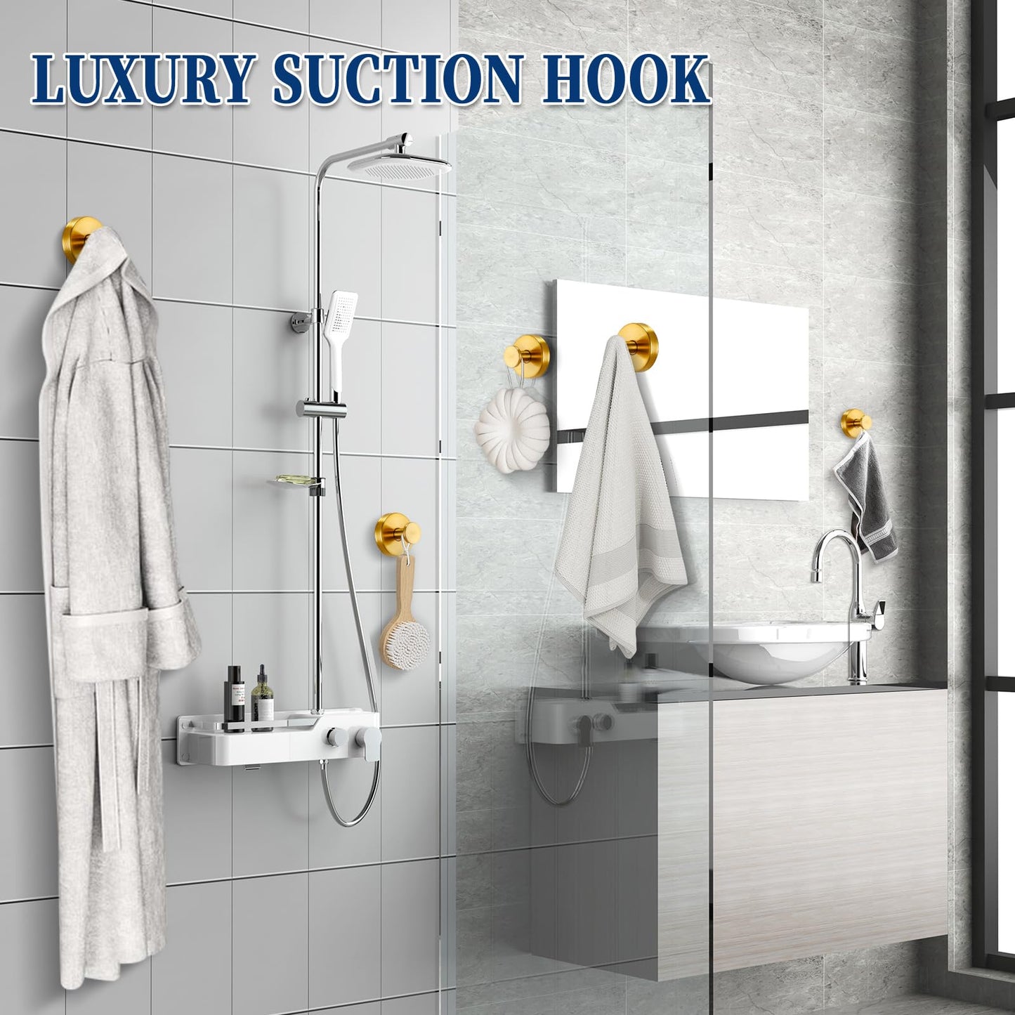 warlve Suction Cup Hooks Reusable No Drill Stainless Steel Shower Hooks Towel Hook Robe Hook Heavy Duty on Smooth and Non-Porous Surfaces in Bathrooms Kitchen Bedroom (4, Brushed Gold)