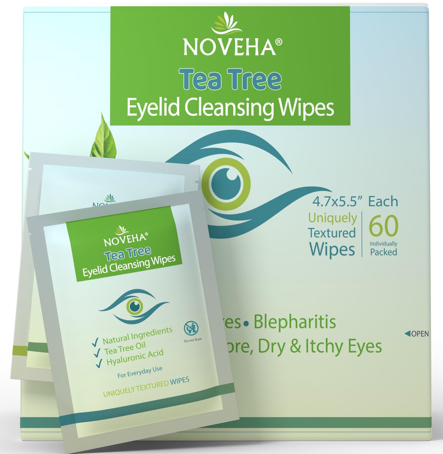 NOVEHA 60PCs Tea Tree Oil Eyelid & Lash Wipes | With Hyaluronic Acid, Green Tea & Chamomile For Blepharitis, Itchy & Stye Eyes, Individually Wrapped, Natural Eyelash Makeup Remover & Daily Cleanser