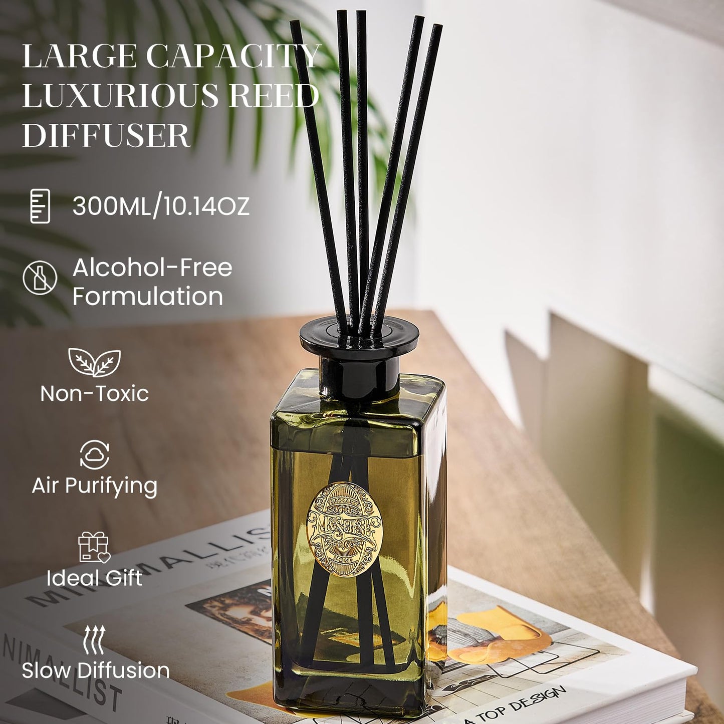 M&SENSE 10.14 oz Large Reed Diffuser | Lime Basil Scent Oil Diffuser with Sticks |Long Lasting Non-Toxic Essential Oil |Reed Diffuser for Bathroom Shelf Decor