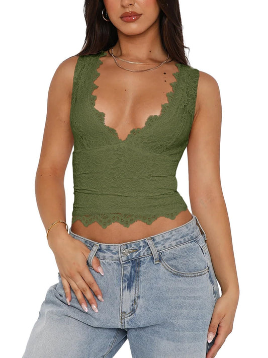 REORIA Womens Summer Tops Sexy V-Neck Sleeveless Double Lined Fashion Going Out Y2K Tank Tops Trendy Lace Slimming Crop Tops for Teen Girls Dark Green Small