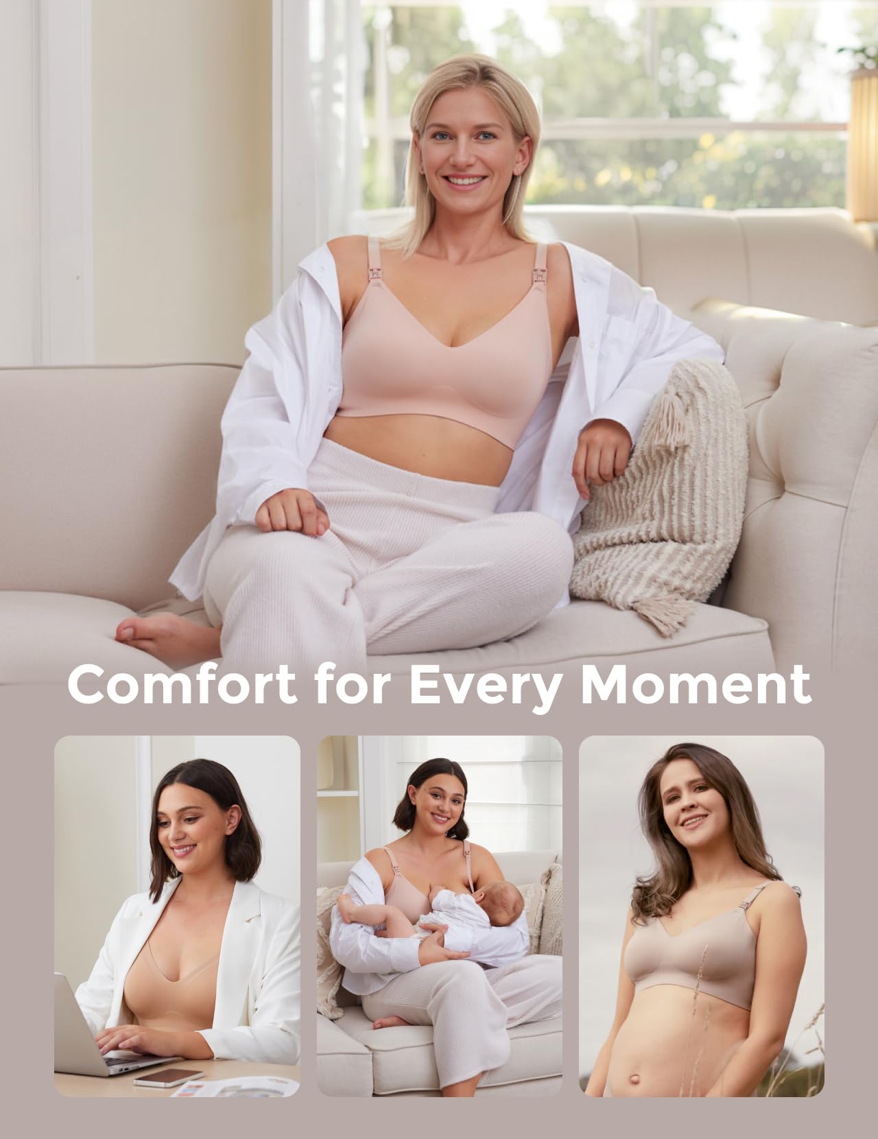 Momcozy Nursing Bras for Breastfeeding Seamless Ultra Comfort Maternity Bra Smooth Wireless Pregnancy Sleeping Bralette Beige