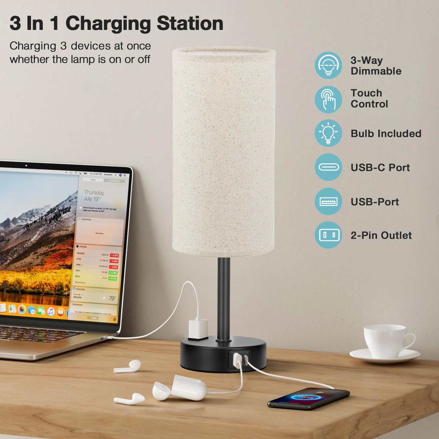 Fenmzee Beige Touch Table Lamp for Bedroom - 3 Way Dimmable Bedside Lamp USB C Charging Ports and AC Outlet, Small Lamp with Fabric Shade Black Base for Living Room, Office Desk, LED Bulb Included