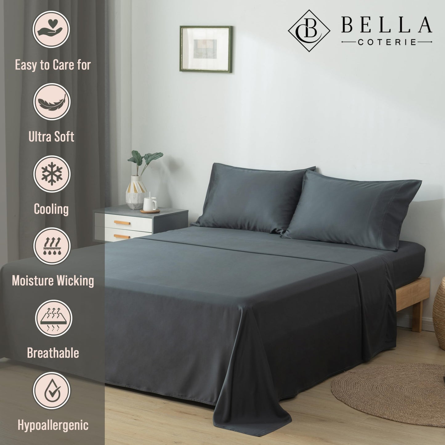 Bella Coterie Luxury King Size Sheet Set | 100% Organically Grown Bamboo Viscose | Ultra Soft | Cooling for Hot Sleepers | 18" Deep Pocket [Charcoal Grey]