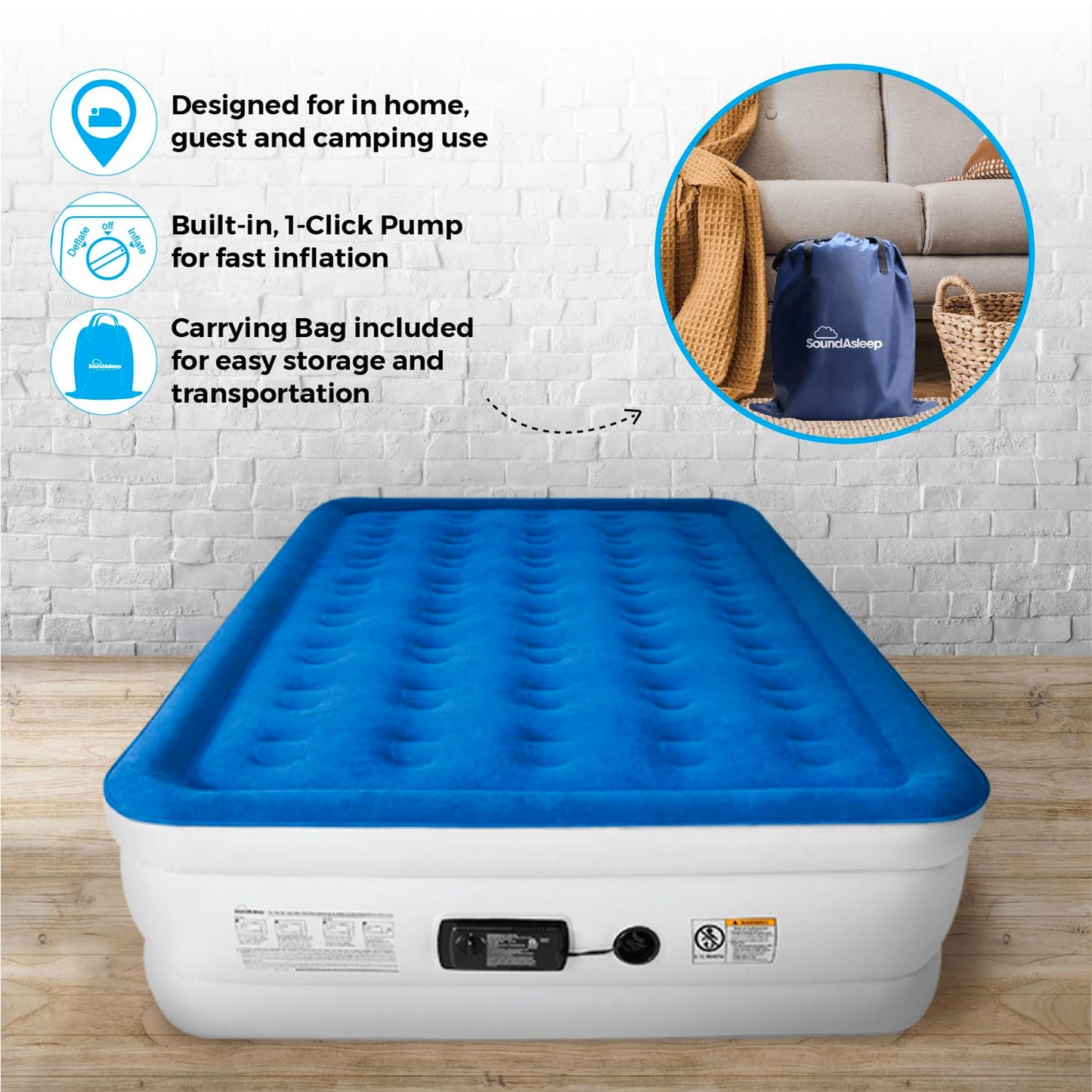 SoundAsleep Dream Series Luxury Air Mattress with ComfortCoil Technology & Built-in High Capacity Pump for Home & Camping- Double Height, Adjustable, Inflatable Blow Up, Portable - Queen Size