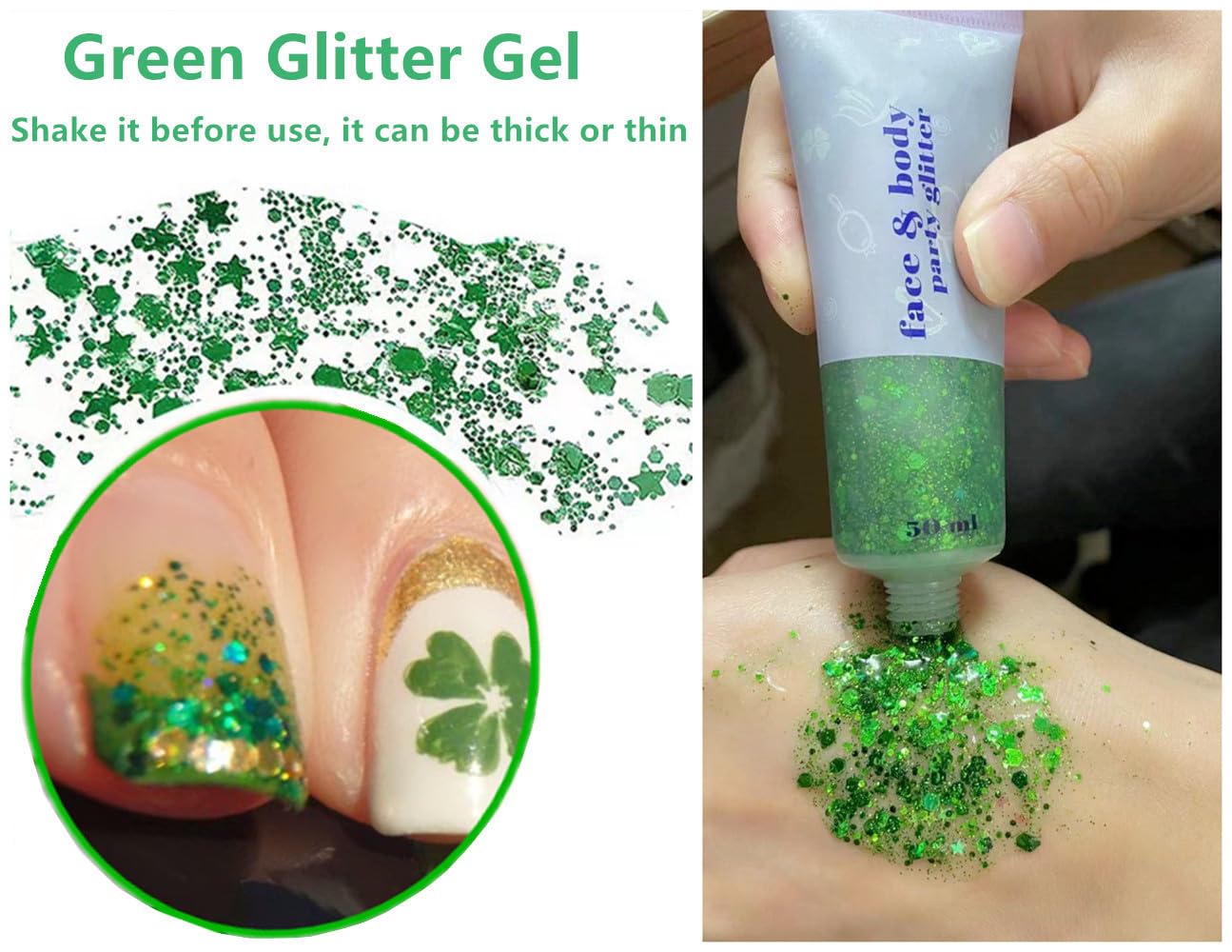 Go Ho Green Face Body Glitter,St Patricks Day Face Glitter Makeup,Green Face Paint Holographic Chunky Sequins Glitters for Eye Lip Hair Nails,Festival Rave Accessories,52g