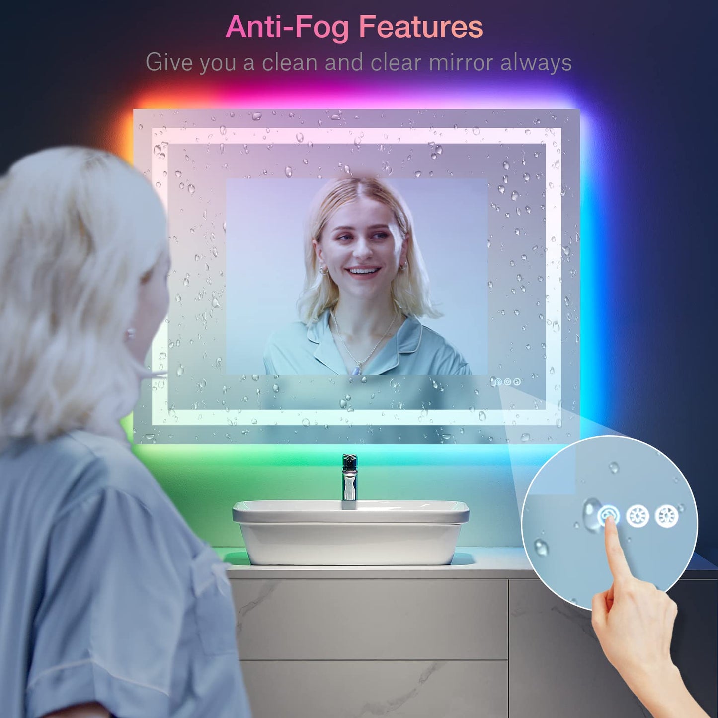 LOAAO 48"X36" LED Bathroom Mirror with Lights, Anti-Fog, Dimmable, RGB Backlit + Front Lighted, Bathroom Vanity Mirror for Wall, Memory Function