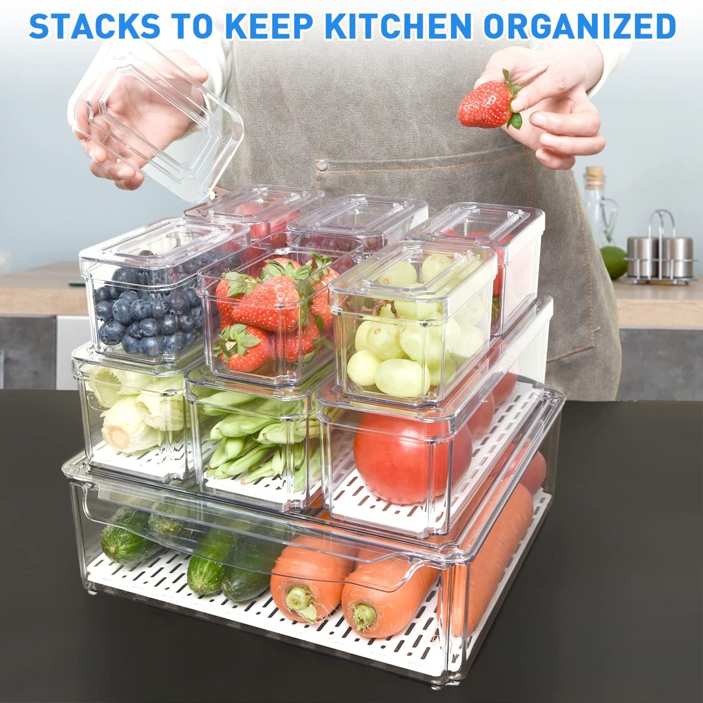 Pomeat 10 Pack Fridge Organizer, Stackable Refrigerator Organizer Bins with Lids, BPA-Free Produce Fruit Storage Containers for Storage Clear for Food, Drinks, Vegetable Storage