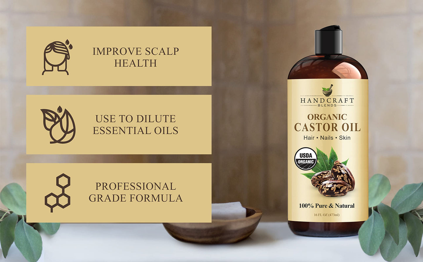 Handcraft Blends Organic Castor Oil - 16 Fl Oz - 100% Pure and Natural - Premium Grade Carrier Oil for Hair Growth, Eyelashes and Eyebrows - Hair and Body - Expeller-Pressed & Hexane-Free