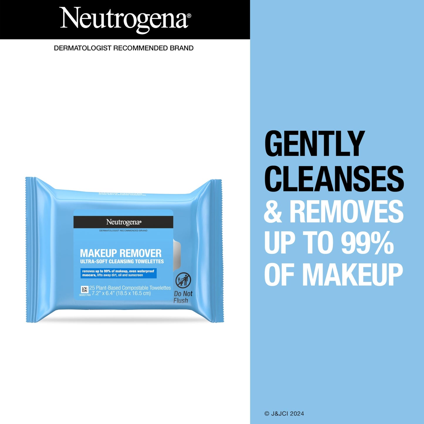 Neutrogena Makeup Remover Wipes, Ultra-Soft Cleansing Facial Towelettes for Waterproof Makeup, Alcohol-Free, Plant-Based, 50 Count (2 Packs of 25)