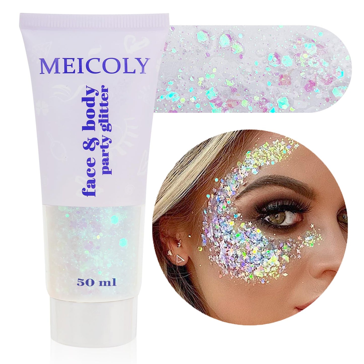 MEICOLY Clear White Body Glitter Gel,Mardi Gras Face Glitter Makeup for Kids Women Girls,Sparkly Chunky Hair Glitter,Singer Concerts Festival Rave Accessories,Mermaid Glitter Face Paint