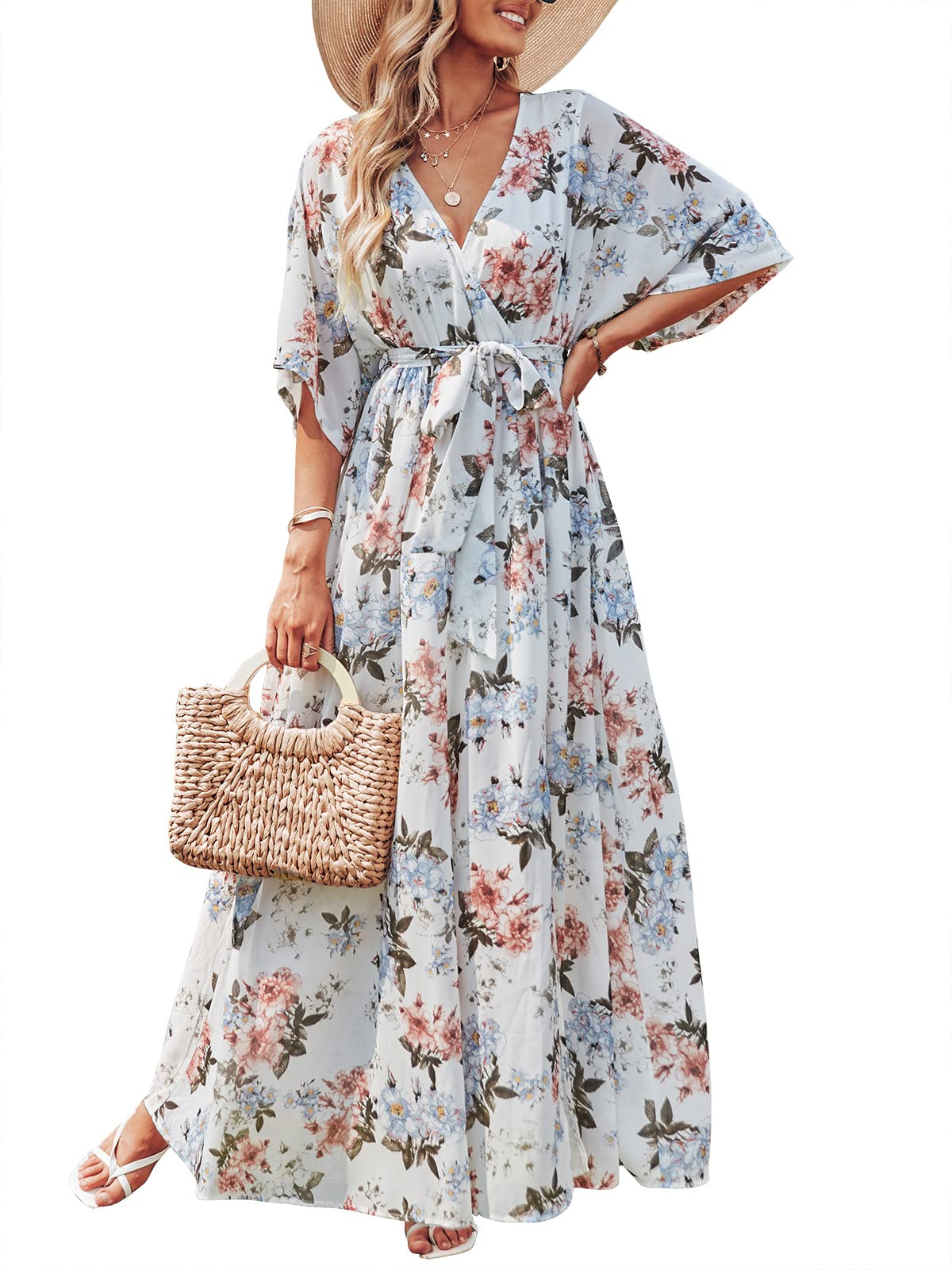 ANRABESS Women’s Summer Loose Boho Flowy Wrap V Neck 3/4 Sleeve Floral Print Slit Beach Wedding Guest Long Maxi Dresses 2024 White Flor Large