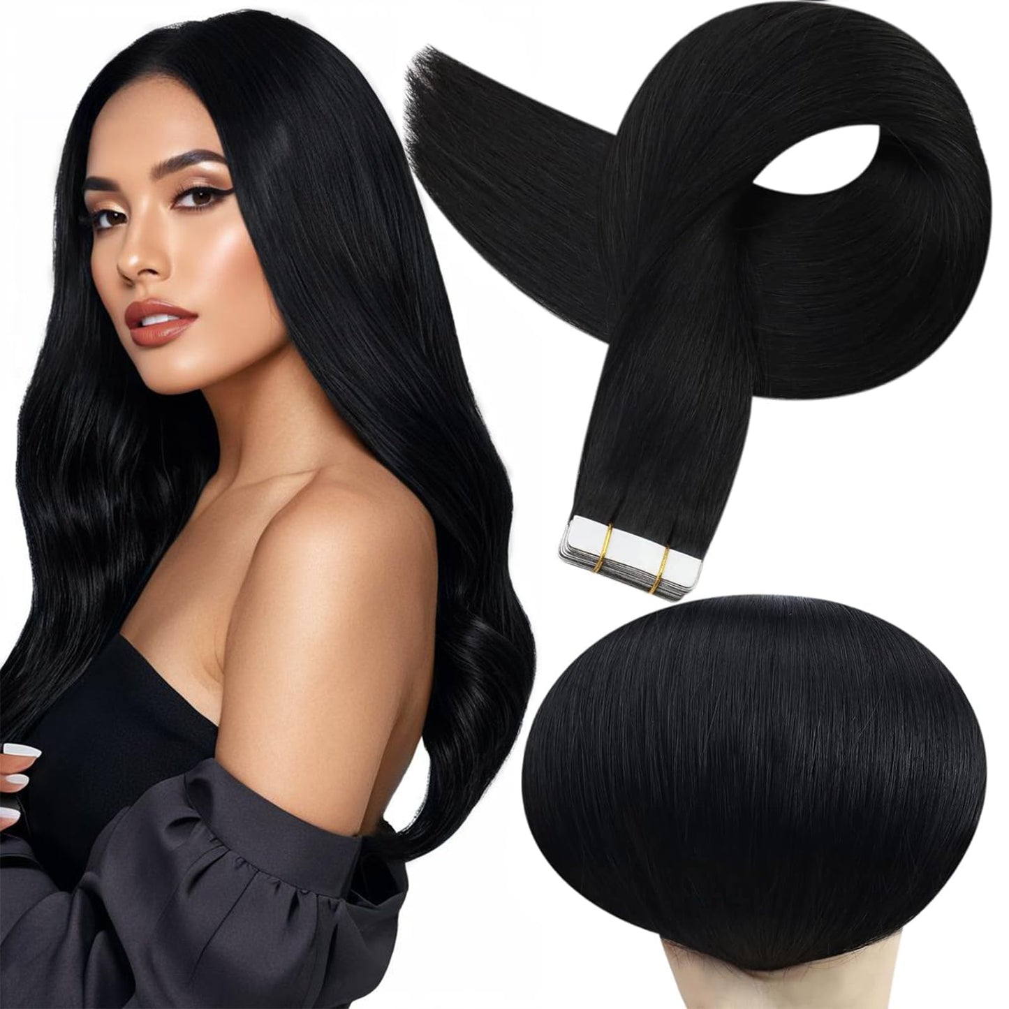 Full Shine Tape in Hair Extensions Human Hair 18 Inch Tape in Remy Hair Extensions Color 1 Jet Black Fashion Tape in Extensions, Tape in Human Hair Extensions 20Pcs 50Gram Add Length for Wedding