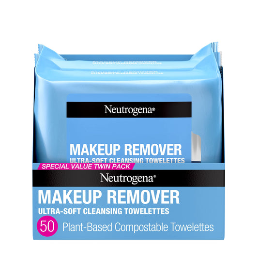 Neutrogena Makeup Remover Wipes, Ultra-Soft Cleansing Facial Towelettes for Waterproof Makeup, Alcohol-Free, Plant-Based, 50 Count (2 Packs of 25)