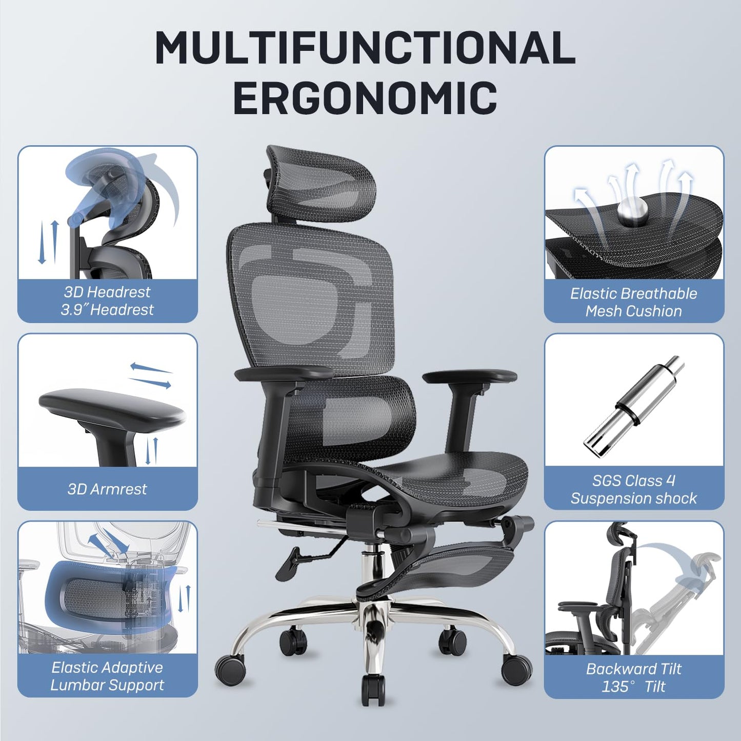 Ergonomic Office Chair, Breathable Mesh with Adaptive Lumbar Support, 3D Headrest, Armrests, Retractable Footrest, and a Six-Position Adjustable Backrest, Black