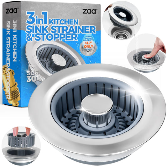 Upgraded 3in1 Kitchen Sink Drain Strainer & Sink Stopper, Stainless Steel Kitchen Drain Plug & Cover with Anti-Clogging Basket Strainer, Fit US Standard 3-1/2'' Sink Drain Hole, Silver