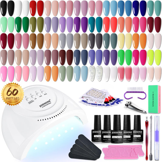 JODSONE Gel Nail Polish Kit 60 PCS with U V Light Soak off Base Top Coat Gel Polish 55 Shine Colors Gel Nail Kit Bright and Dark Brown Wine Red Series Manicure Set for Women and Girls