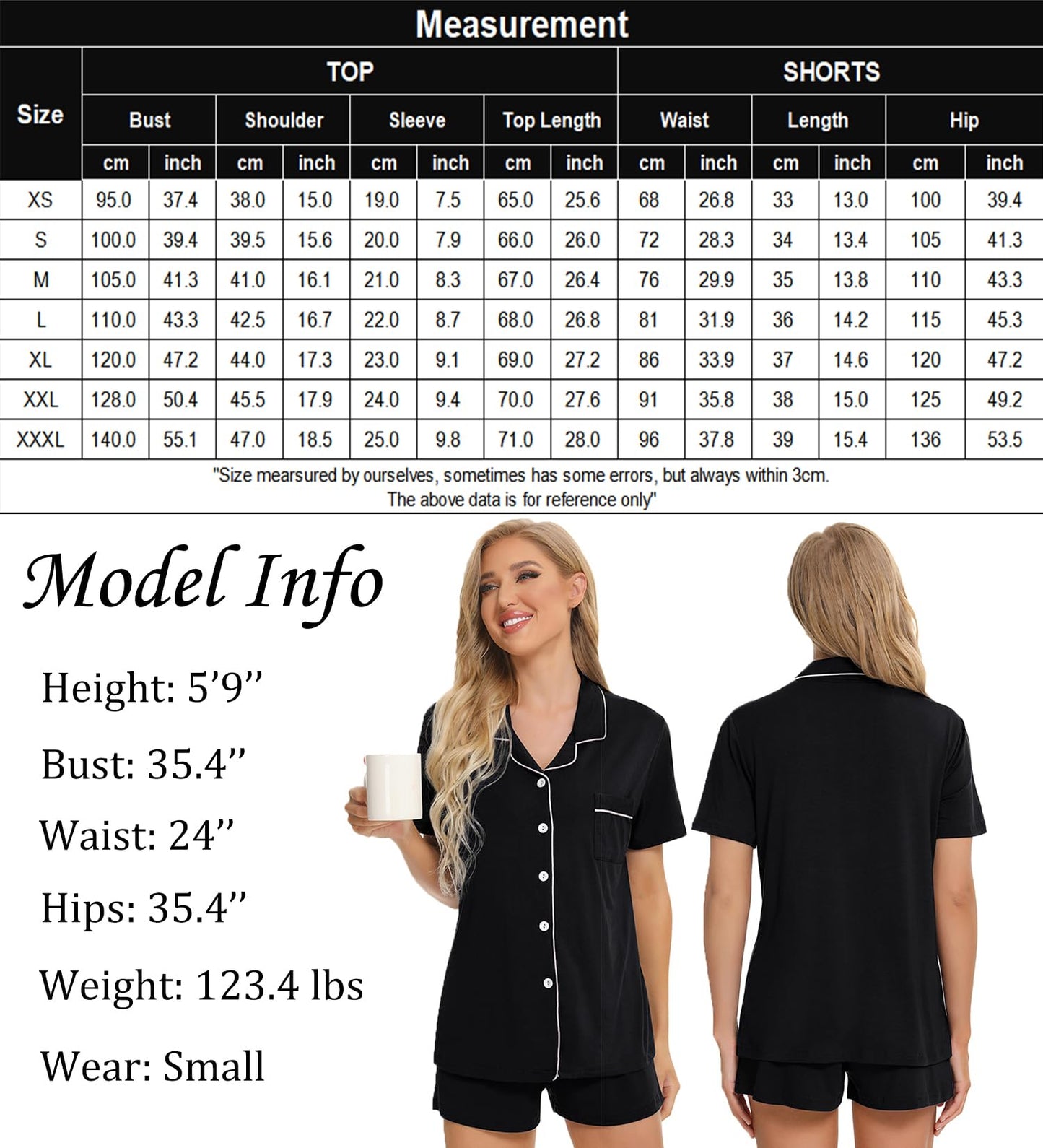 SWOMOG Womens Button Down Pajamas Set Short Sleeve Sleepwear Bride Soft Pj Lounge Sets XS-3XL Black Medium