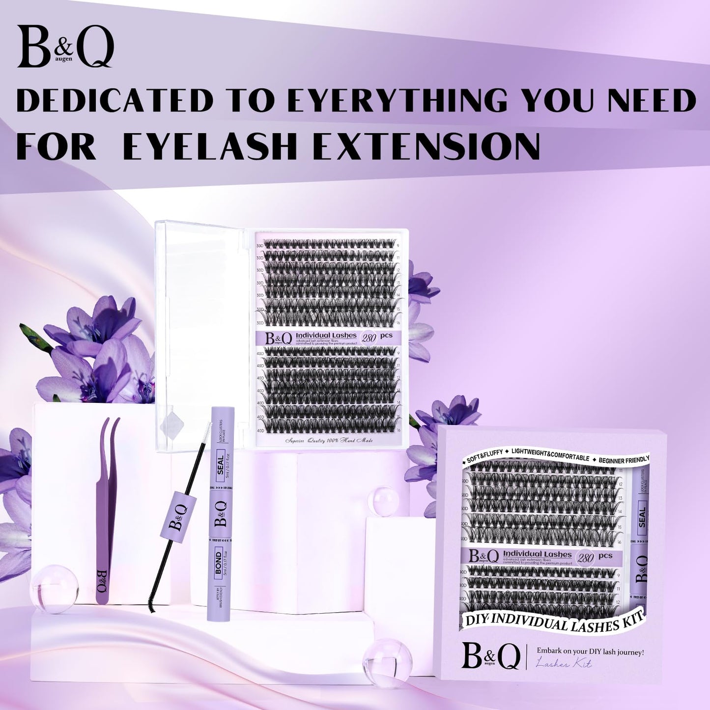 B&Qaugen Lash Extension Kit 280pcs Individual Lashes Cluster 40D D Curl Eyelash Extension Kit Lash Clusters with Lash Bond and Seal and Lash Applicator Tool for Self (KIT,30D+40D-D-9-16MIX)