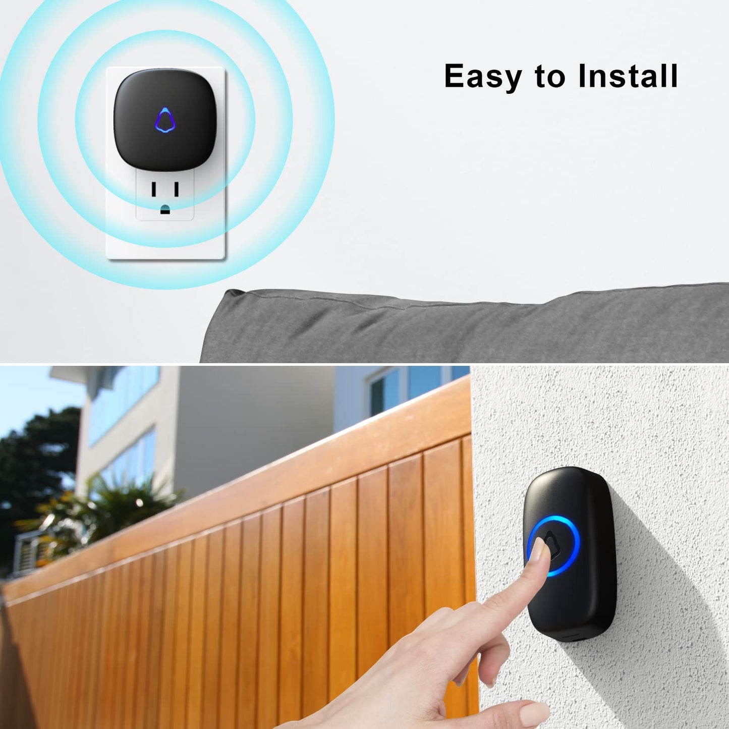 SECRUI Wireless Doorbell, Easy installation, Waterproof, Adjustable Volume, 58 Chimes, Colorful LED, 1000Ft Range, M520+F55, Black