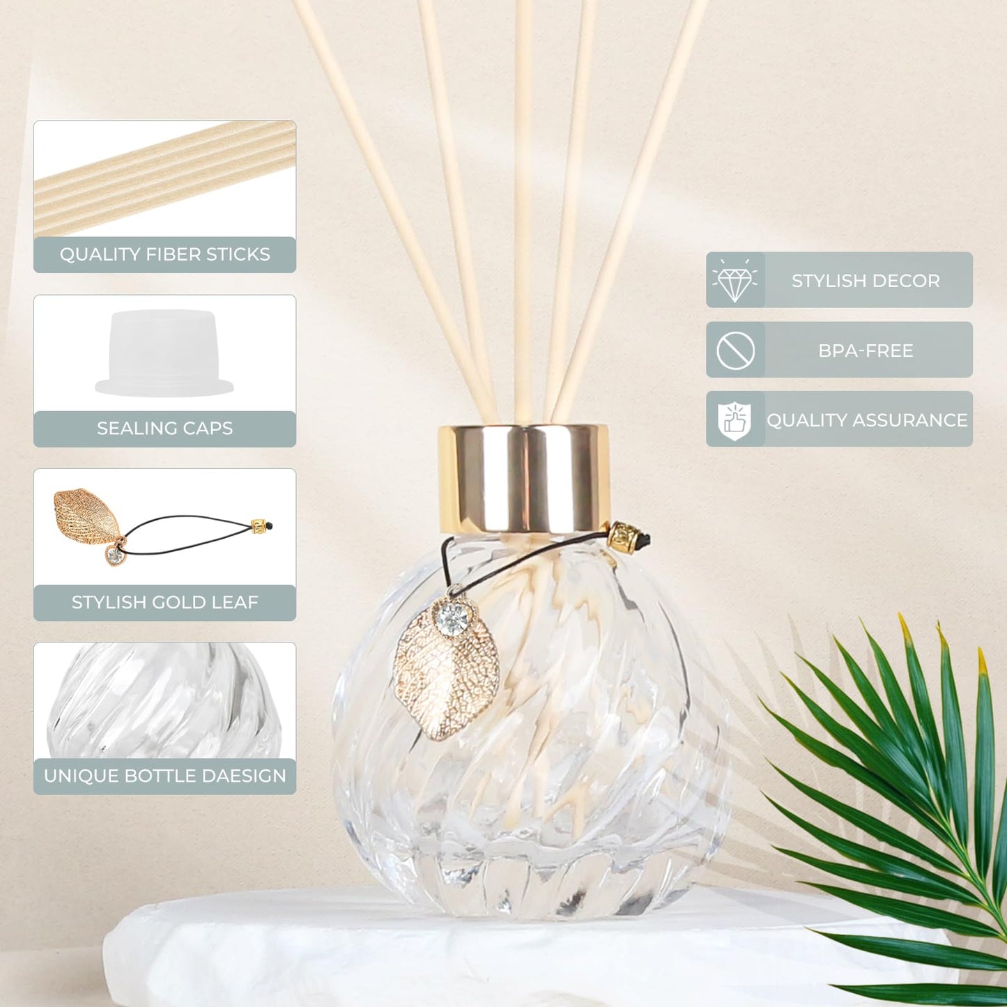 Trifolic 4Pcs Reed Diffuser Set with Metal Golden Decoration, 3.5-4.2oz Empty Reed Diffuser Bottles with 20Pcs Reed Diffuser Sticks, Unique Design Bottles for Home and Office(4 Pcs Different Bottles)